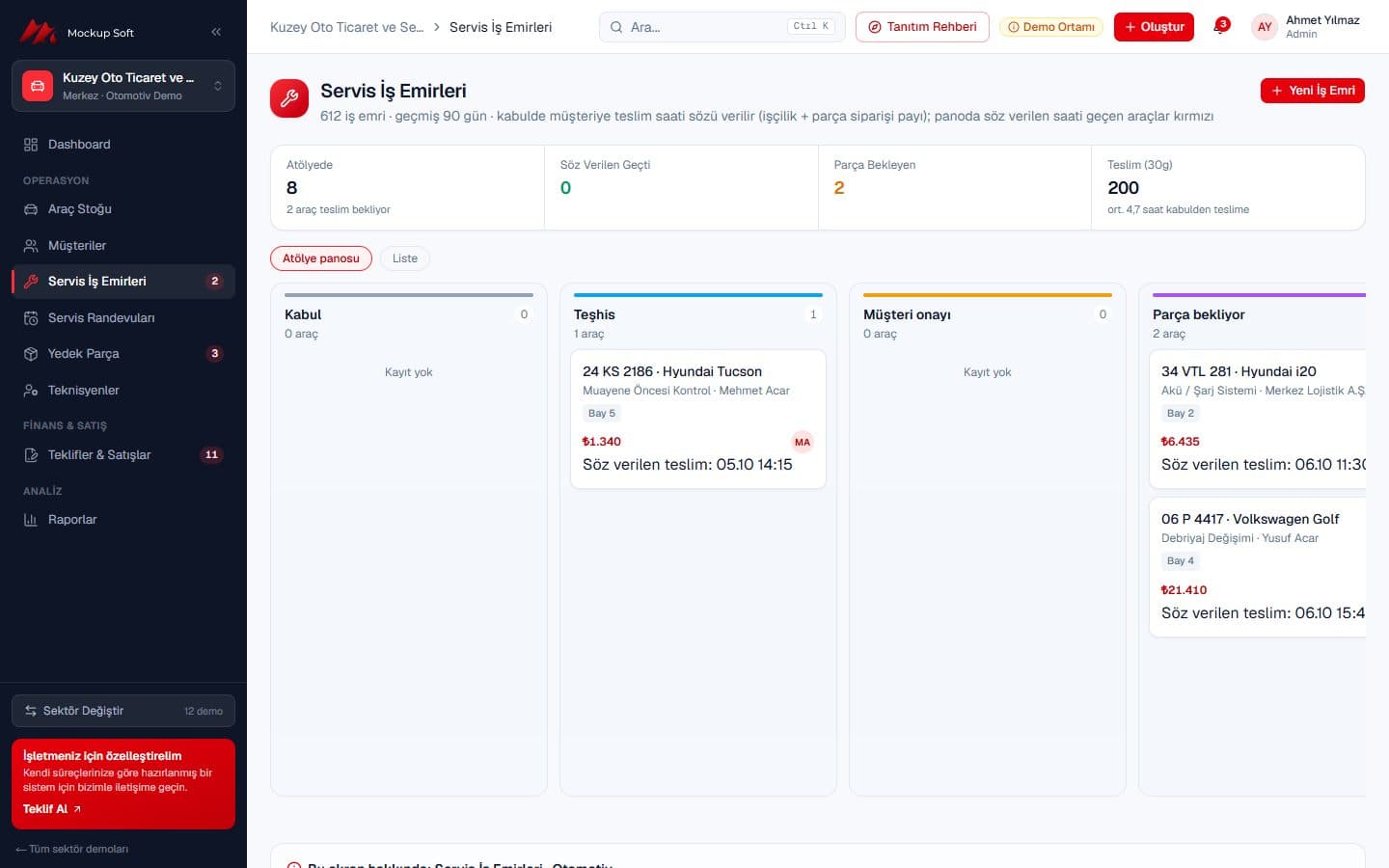 Oto Galeri & Servis Yazılımı demo ekranı: Atölye panosu