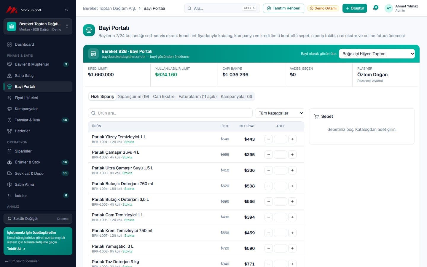B2B Bayi Yönetim Yazılımı demo ekranı: Bayi self-servis portalı