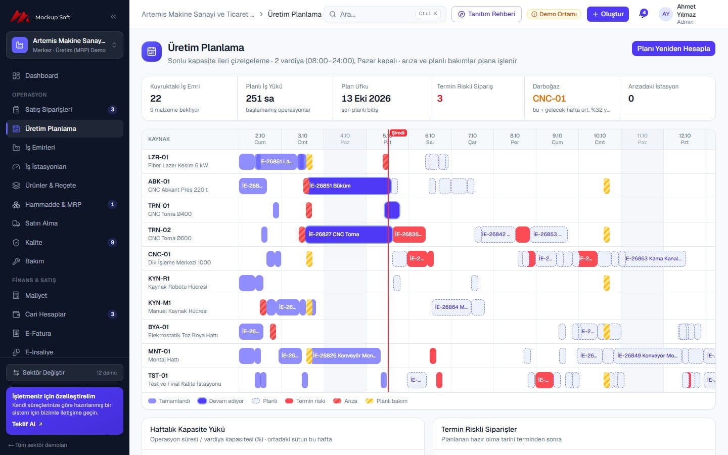 Üretim ERP Yazılımı demo ekranı: Sonlu kapasite planlama