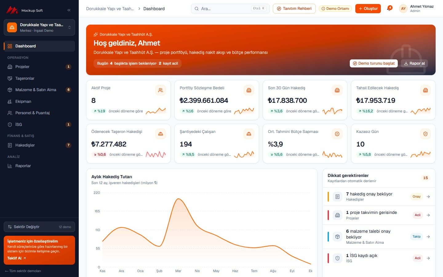 İnşaat & Taahhüt demosu dashboard ekranı — Dorukkale Yapı ve Taahhüt A.Ş.