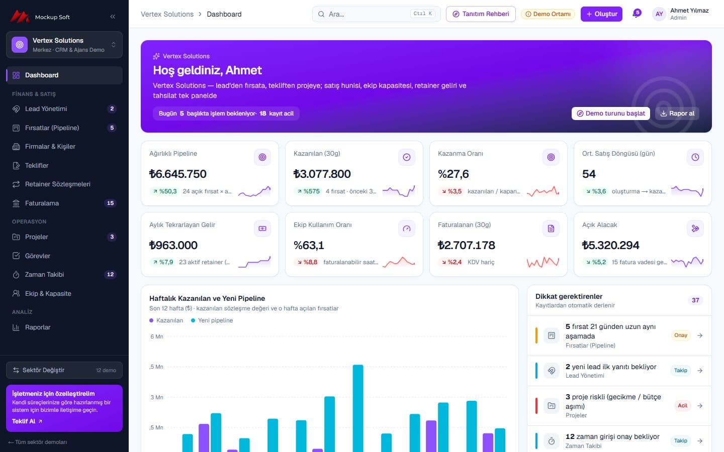 CRM / Profesyonel Hizmet & Ajans demosu dashboard ekranı — Vertex Solutions